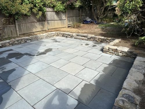 #bluestone #patio and #walkway with a #fieldstone #retainingwall